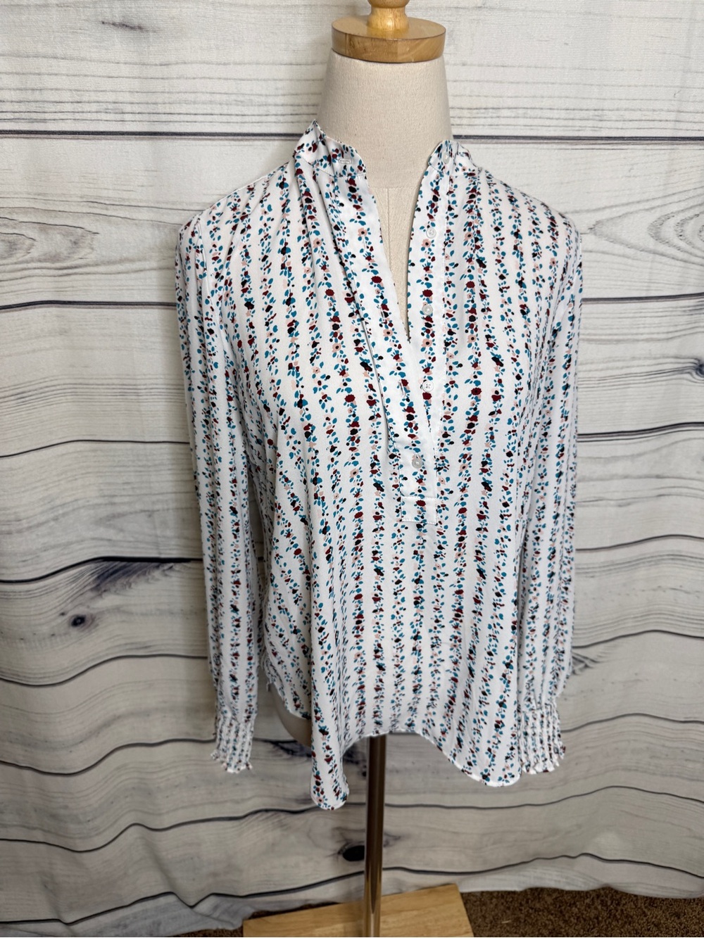 LOFT White Floral Split-V Henley Blouse with Blue and Burgundy Accents